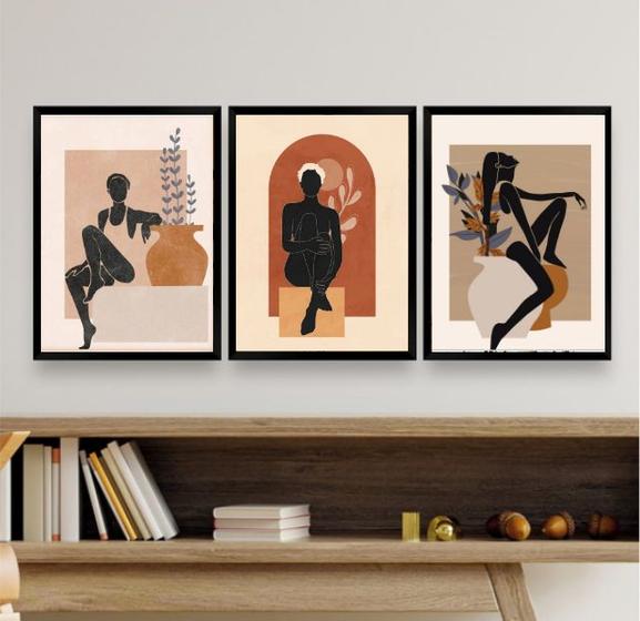Imagem de Kit 3 Quadros Bohos Mulheres Com Vasos DePlantas 33x24cm - com vidro