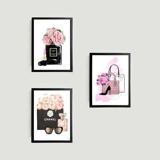 Imagem de Kit 3 Quadros Bolsa, Sapato E Óculos 45X34Cm Com Vidro Preta