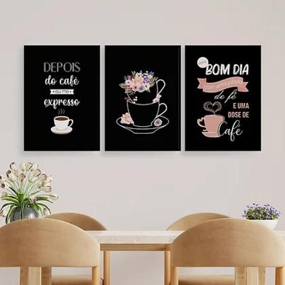 Imagem de Kit 3 Quadros Bom Dia Com Fé E Café 45X34Cm Com Vidro Branca