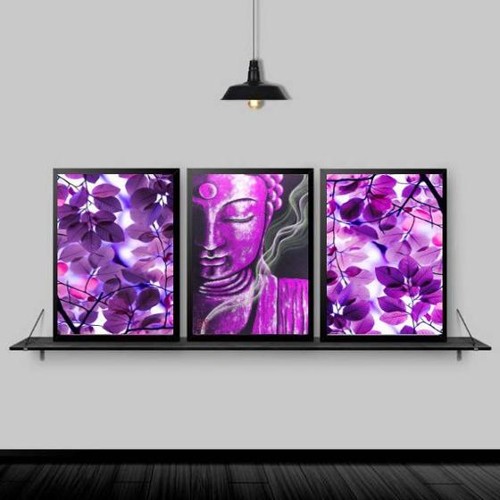 Imagem de Kit 3 Quadros Buda Zen Folhas Roxas 45x34cm - com vidro