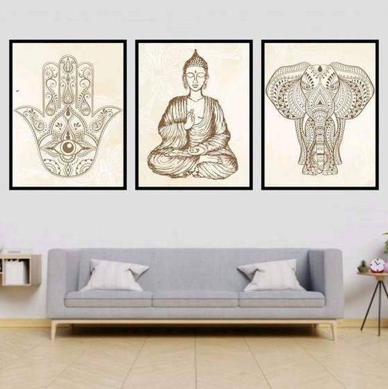 Imagem de Kit 3 Quadros Buda Zen, Hamsa, Elefante 33X24 Moldura Preta