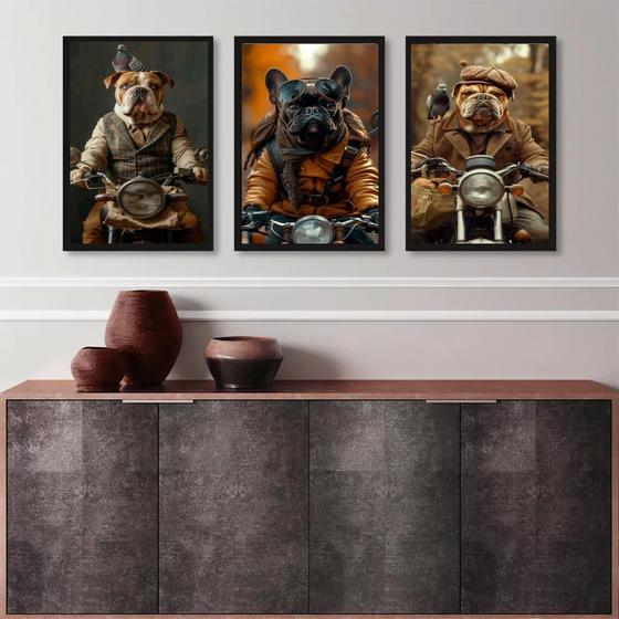 Imagem de Kit 3 Quadros Cães Motociclistas 45x34cm - com vidro