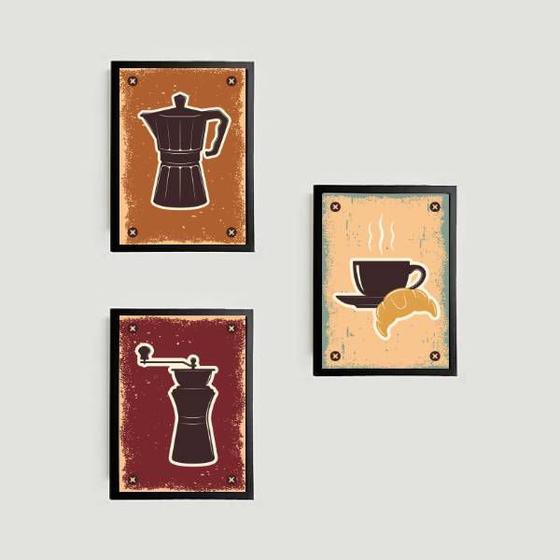 Imagem de Kit 3 Quadros Café Com Croissant 24x18cm - com vidro