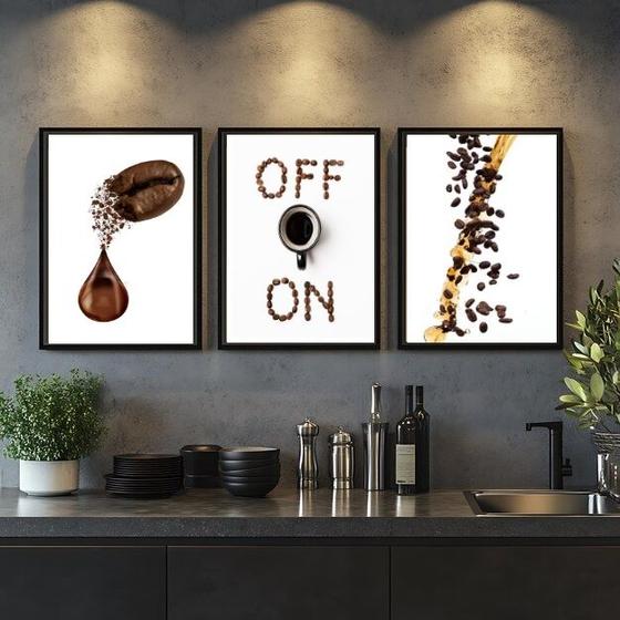 Imagem de Kit 3 Quadros Café Grãos - ON OFF 33x24cm - com vidro