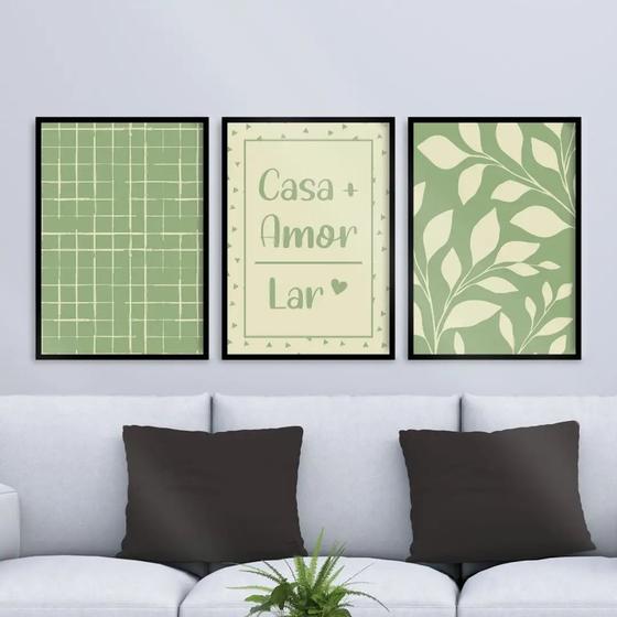 Imagem de Kit 3 Quadros Casa amor lar Plantas Verde 45x34cm - com vidro