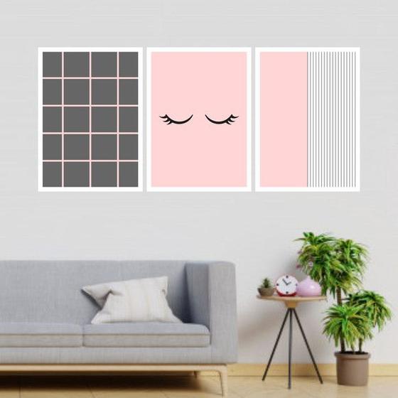 Imagem de Kit 3 Quadros Cílios Listras Rosa 24x18cm - com vidro