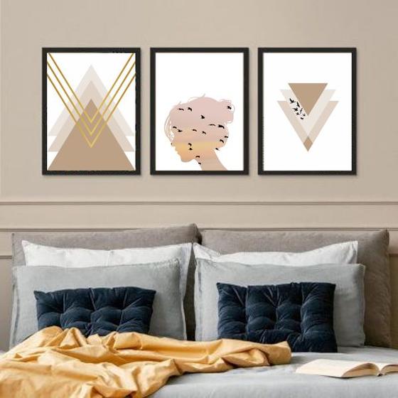 Imagem de Kit 3 Quadros Claros Para Quarto Nude 45x34cm - com vidro