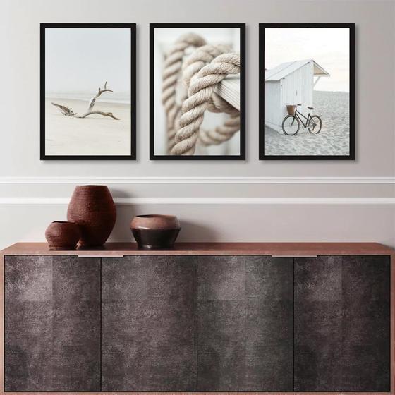 Imagem de Kit 3 Quadros Coleção Praia Branco e Bege 24x18cm - com vidro