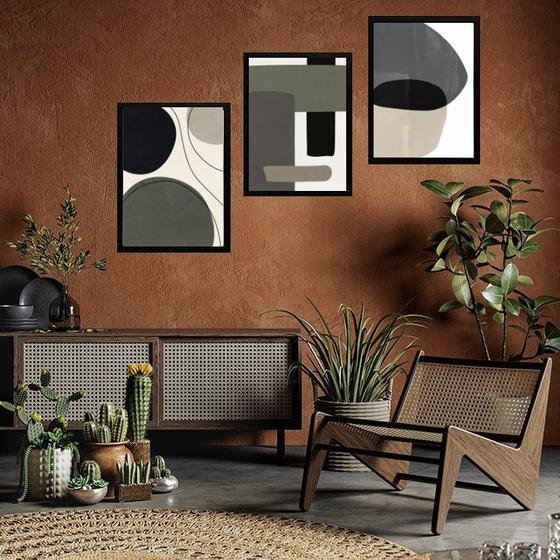 Imagem de Kit 3 Quadros Contemporâneos Cinza e Preto 33x24cm - com vidro