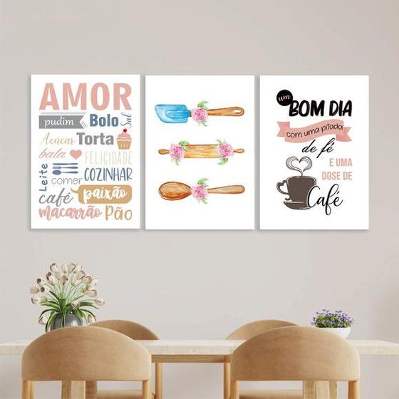 Imagem de Kit 3 Quadros Cozinha Bom Dia Café 24x18cm - com vidro