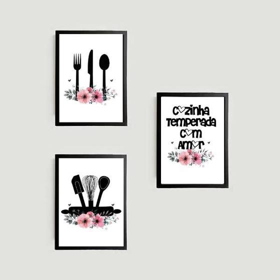Imagem de Kit 3 Quadros Cozinha Temperada com Amor 24x18cm - com vidro
