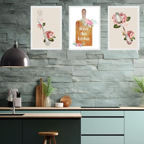 Imagem de Kit 3 Quadros Cozinha Vintage- Bless This Kitchen 24x18cm