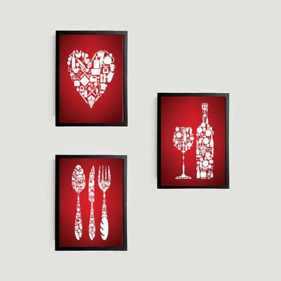 Imagem de Kit 3 Quadros Cozinhando Com Vinho 33x24cm - com vidro