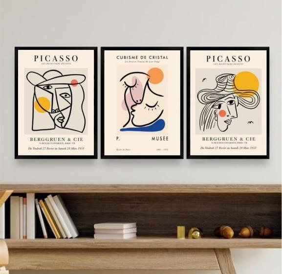 Imagem de Kit 3 Quadros Cubismo Picasso 45x34cm - Moldura Branca