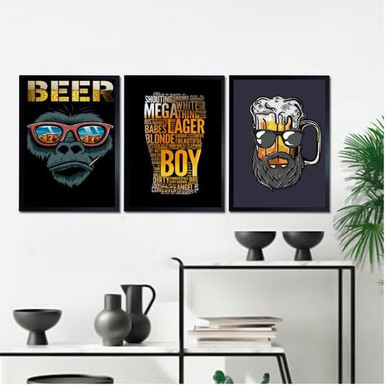 Imagem de Kit 3 Quadros Decoração Bar Barbearia Beer Boy 24x18cm - com vidro