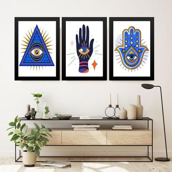 Imagem de Kit 3 Quadros Decoração Esotérica - Olho Grego 33x24cm - com vidro