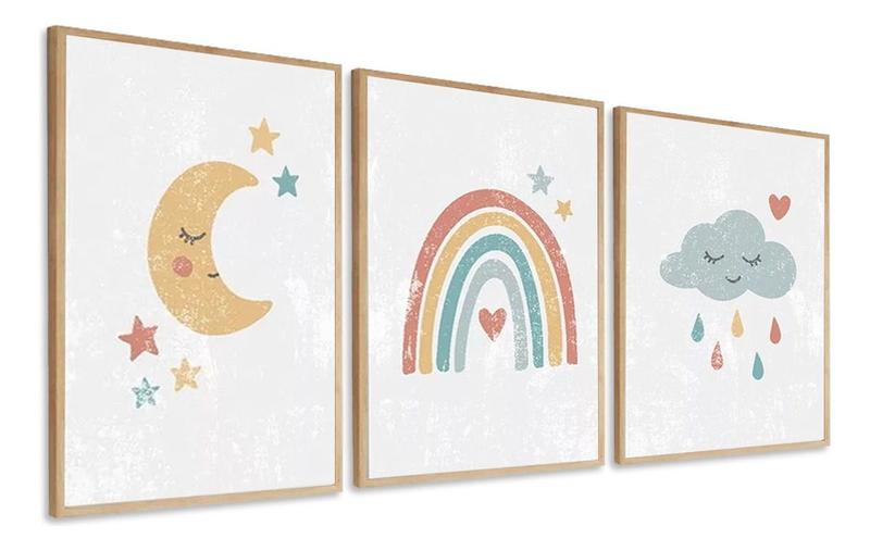 Imagem de Kit 3 Quadros Decorativo Infantil Lua Nuvem Unicórnio Quarto 60x40 Vinil