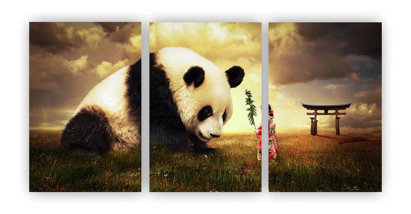 Imagem de Kit 3 quadros decorativo panda gigante torii conjunto sala