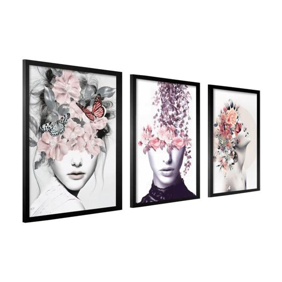 Imagem de Kit 3 Quadros Decorativos 40X60 Moldura Mulheres Flores Na Cabeça Salão Quarto Feminino Sala