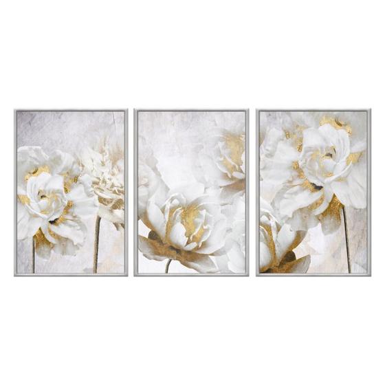 Imagem de Kit 3 quadros decorativos 40x60cm vidro flores brancas abstratas ouro art037