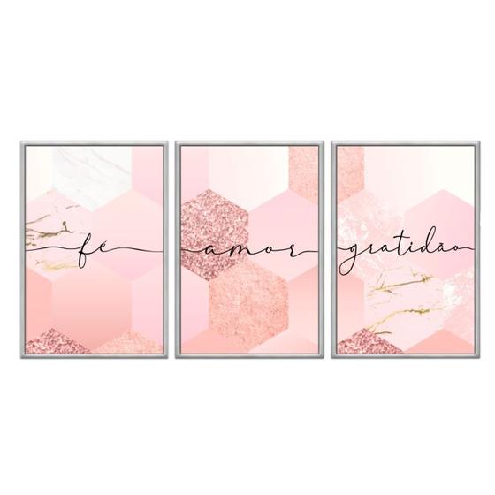 Imagem de Kit 3 quadros decorativos 60x80cm vidro geometrico abstrato rose fe amor e gratidao frs008