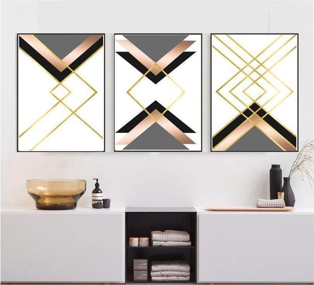 Imagem de Kit 3 Quadros Decorativos Abstrato Dourado Linhas