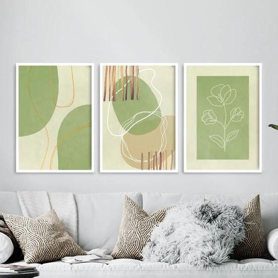 Imagem de kit 3 Quadros Decorativos Abstratos VerdeeBege 33x24cm - com vidro