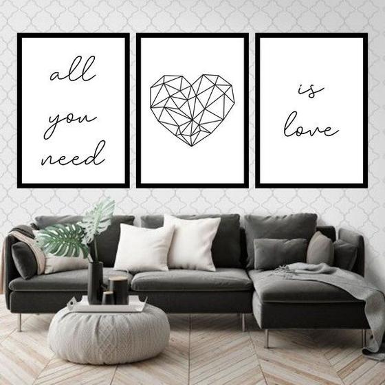 Imagem de Kit 3 Quadros Decorativos All You Need Is Love Coração 45x34cm