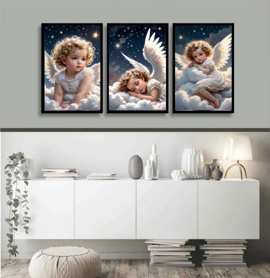 Imagem de Kit 3 Quadros Decorativos Anjo Criança 45x34cm