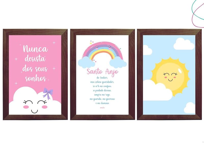 Imagem de Kit 3 Quadros Decorativos Arco-íris Nuvem Sol Santo Anjo