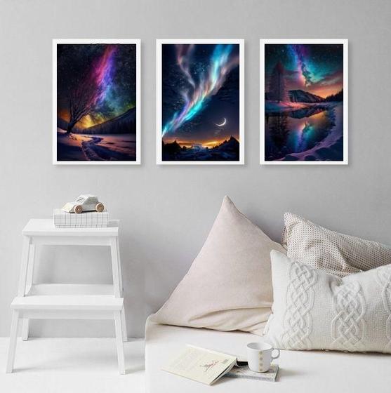 Imagem de Kit 3 Quadros Decorativos Aurora Boreal 24X18Cm - Com Vidro