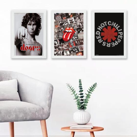 Imagem de Kit 3 Quadros Decorativos Bandas De RockPosters 33x24cm - com vidro