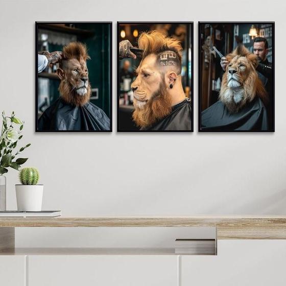 Imagem de Kit 3 Quadros Decorativos Barbearia - Leão 33X24Cm - Vidro