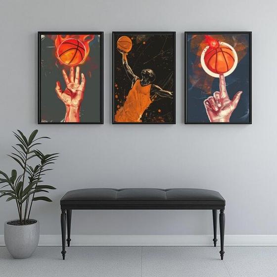 Imagem de Kit 3 Quadros Decorativos Basquete 33x24cm - com vidro