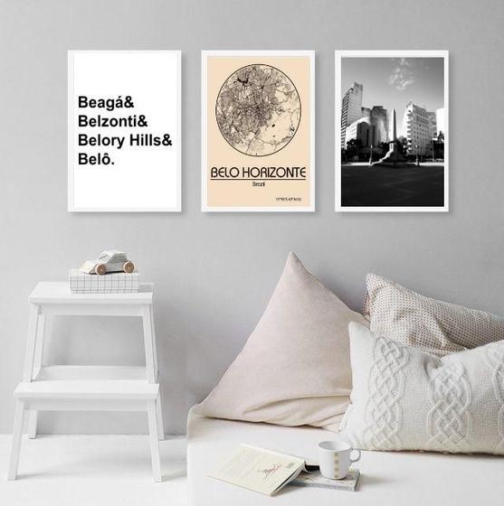 Imagem de Kit 3 Quadros Decorativos Belo Horizonte-Mapa Cidade 33X24Cm