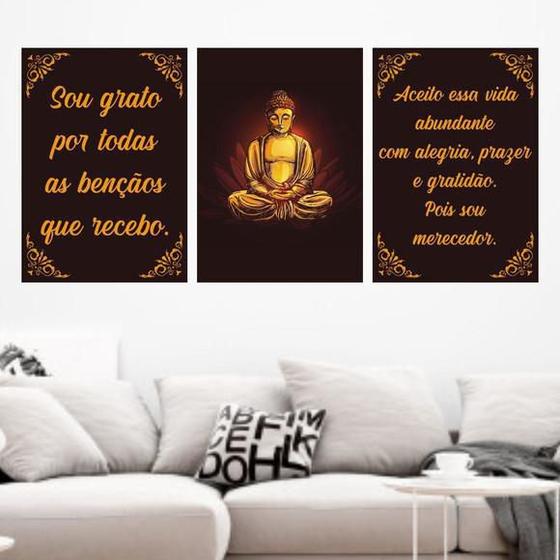 Imagem de Kit 3 Quadros Decorativos Buda Sou Grato 34x23Cm