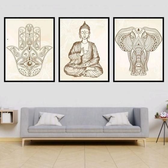 Imagem de Kit 3 Quadros Decorativos Buda Zen Hamsa E Elefante 34x23cm