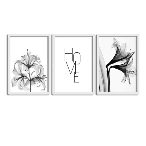 Imagem de Kit 3 Quadros Decorativos Com Moldura Branca Flores Pretas