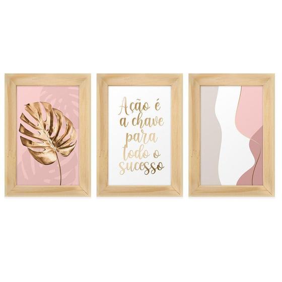 Imagem de Kit 3 Quadros Decorativos com Moldura Frases Folha Dourada