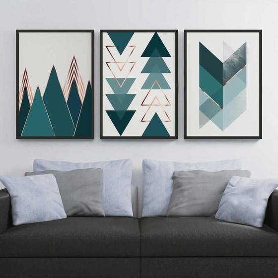 Imagem de Kit 3 Quadros Decorativos Com Molduras Montanhas Geo Verde