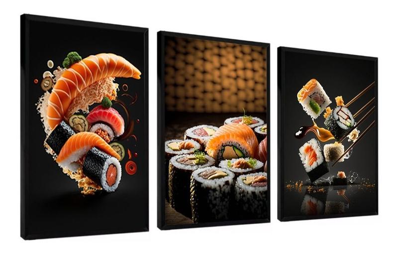 Imagem de Kit 3 Quadros Decorativos Comida Japonesa Restaurante Gourmet 60x40 Vinil
