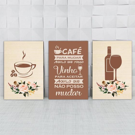 Imagem de Kit 3 Quadros Decorativos Cozinha Café e Vinho Marrom 20x30cm Copa Cantinho Gourmet