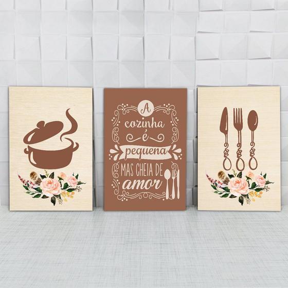 Imagem de Kit 3 Quadros Decorativos Cozinha Panela e Talheres Marrom 20x30cm Copa Cantinho Gourmet