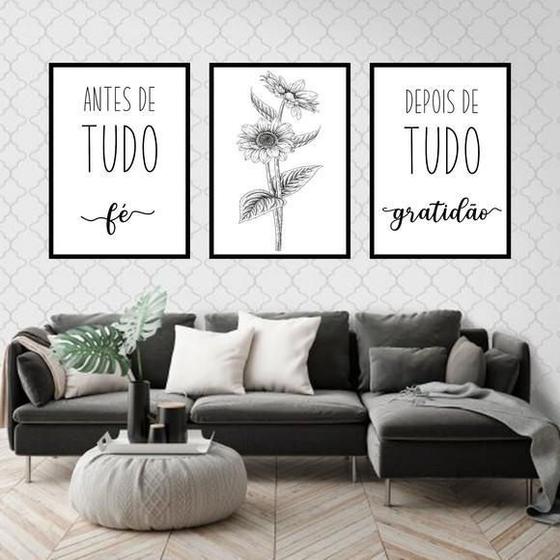 Imagem de Kit 3 Quadros Decorativos Fé Gratidão Girassol