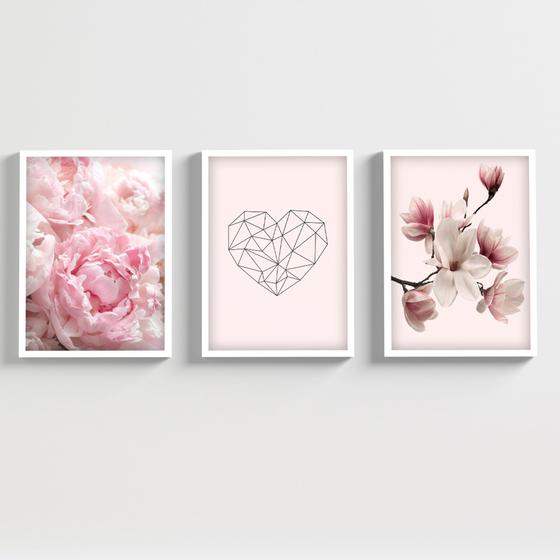 Imagem de Kit 3 Quadros Decorativos Floral Com Moldura e Vidro Para Sala Quarto Flores