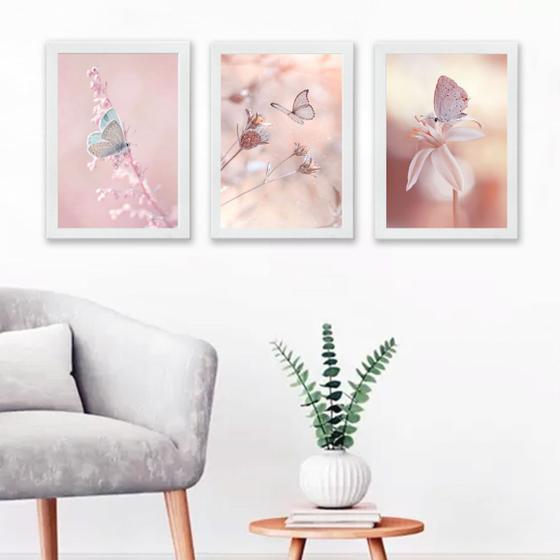 Imagem de Kit 3 Quadros Decorativos Fotografias BorboletasRosas 45x34cm