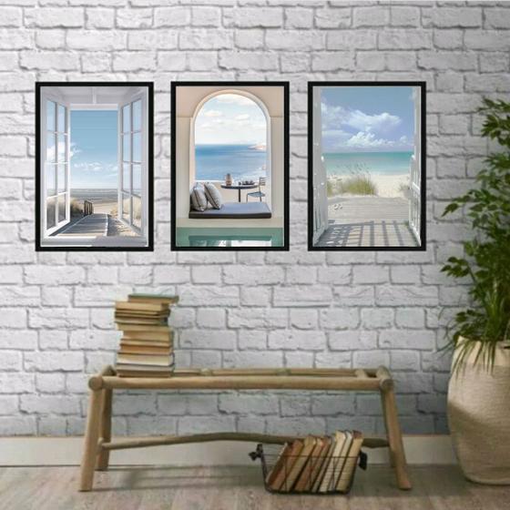 Imagem de Kit 3 Quadros Decorativos Fotografias JanelasPraia 24x18cm