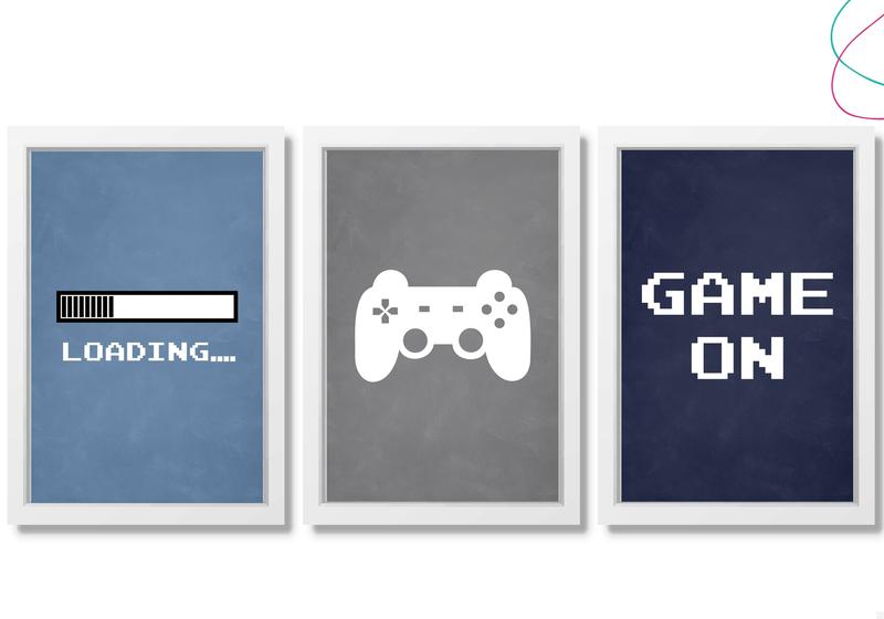 Kit 3 Quadros Decorativos Game On Video Game vidro moldura Creative
