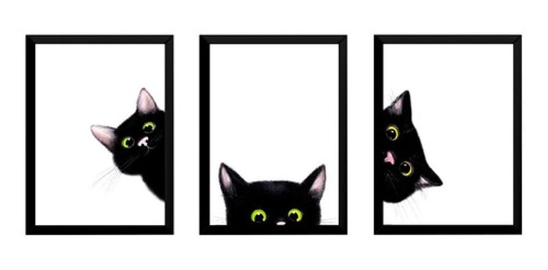 Imagem de Kit 3 Quadros Decorativos Gato Curioso Artes Molduradas