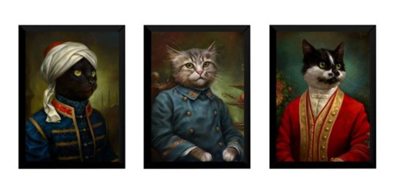 Imagem de Kit 3 Quadros Decorativos Gatos Trajados Artes Molduradas